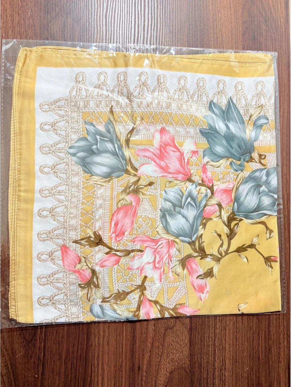 Vintage Floral Scarf Yellow Pink Blue Square Neck Wrap